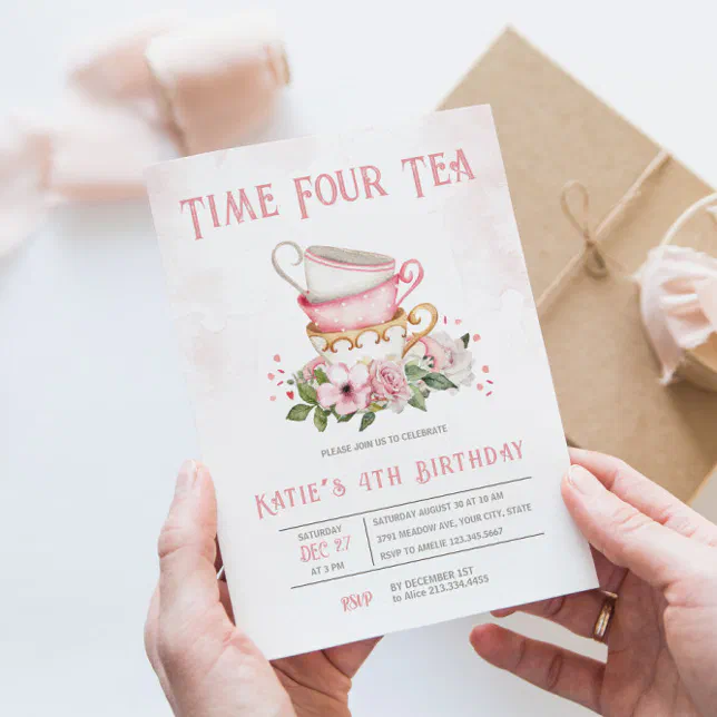 Time Four Tea Invitation Time Four Tea Teacups Theme Birthday Invitation | Zazzle