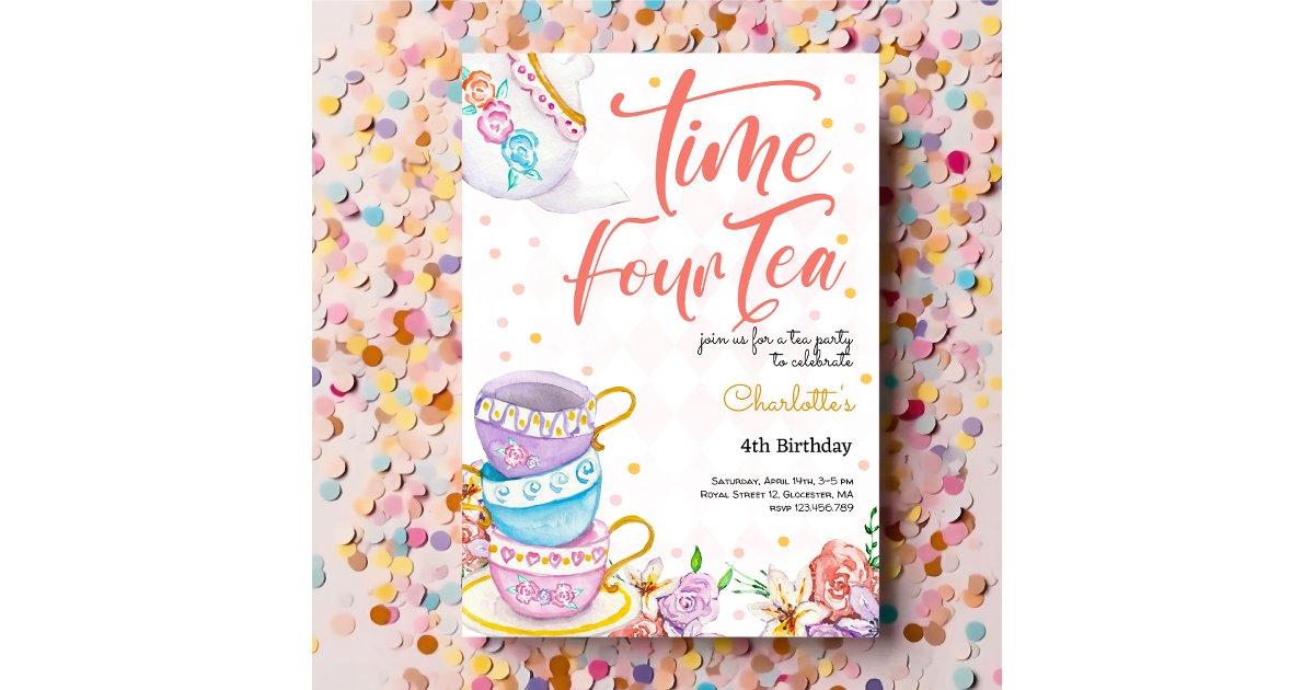 Time Four Tea Invitation Time four thea, fourth tea birthday invitation | Zazzle