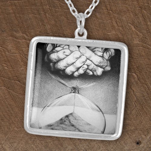 Time Hourglass hands Pencil drawing Surreal art Silver Plated Necklace
