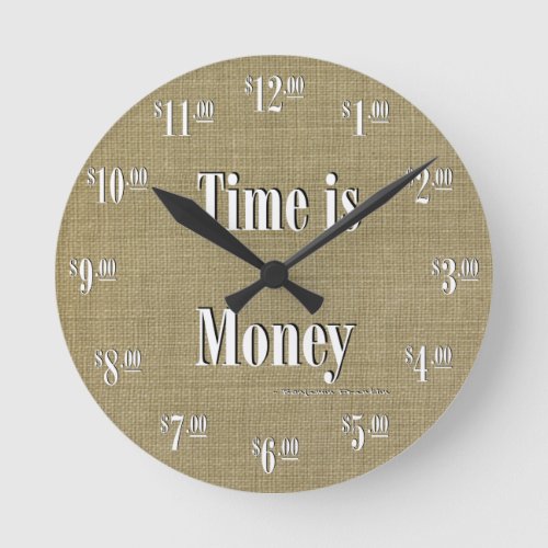 Time is Money Clock _ White text on taupe texture