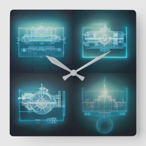 Time Machine Blueprints I Square Wall Clock