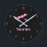 Time of Bats - Pink & Purple Abstract Pop Art Round Clock<br><div class="desc">Retro,  pop,  colorful creation of bats,  Round Clock.
Special theme of Pink & Purple coloring,  with simple but elegant icon styled art.
Original digital art by Raphael Studio - 'Bat'.
Retro pop style,  unique design.</div>
