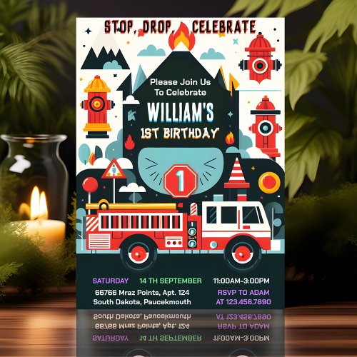 Time Red Hot Fire Truck Engine Safety 1st birthday Invitation