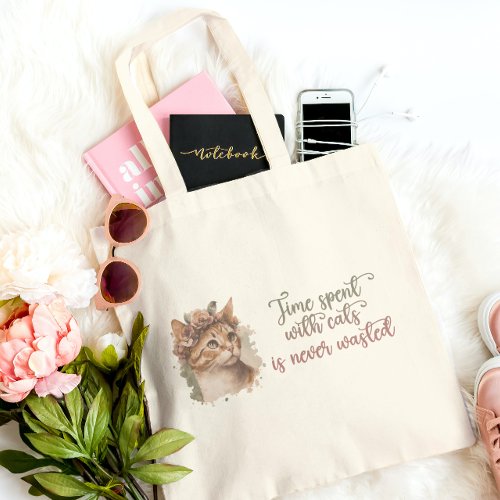 Time Spent With Cats Cute Cat Watercolor Design Tote Bag