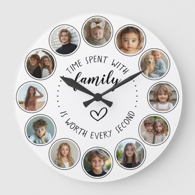 Time Spent With Family Quote 12 Photo Collage Large Clock (Front)