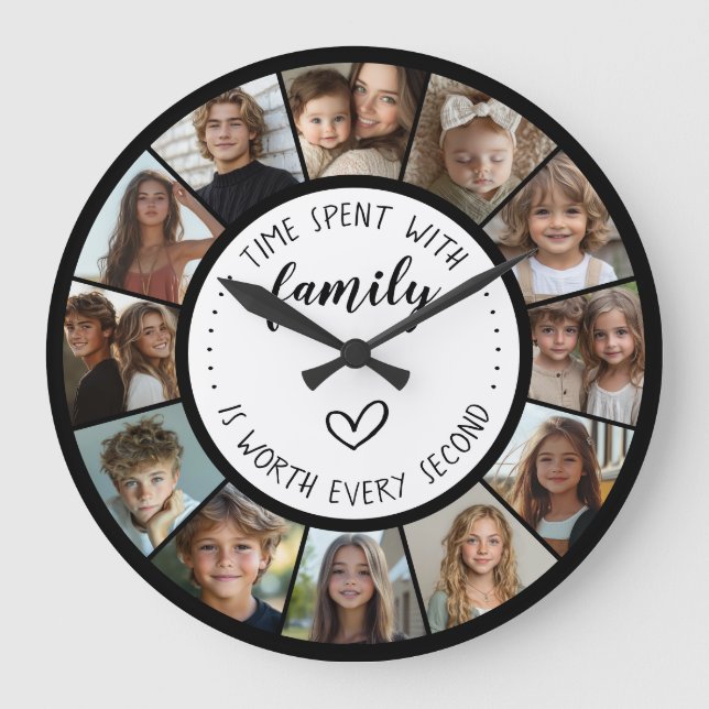 Time Spent With Family Quote 12 Photo Collage Large Clock (Front)