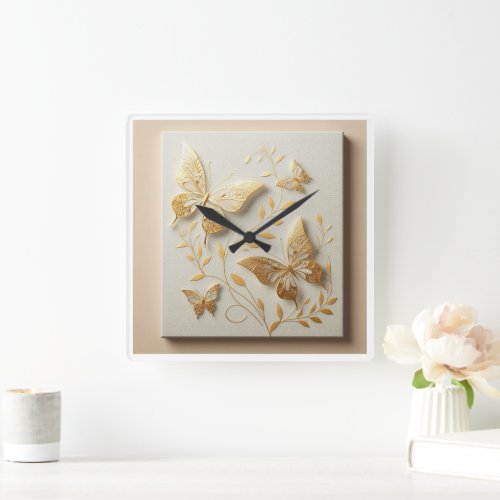 Time Takes Flight Golden Butterfly Portrait Wall  Square Wall Clock