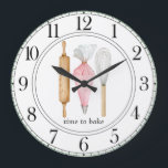 Time To Bake Baker's Tools Baker's Large Clock<br><div class="desc">A time to bake clock to inspire and to display in your bakery or kitchen,  featuring tools of the culinary arts with watercolor rolling pin,  piping bag and whisk. A perfect gift for a home baker or professional baker. Big numbers.</div>