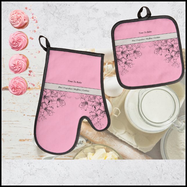 Time to Bake Pink and Black Oven Mitt Set (Creator Uploaded)