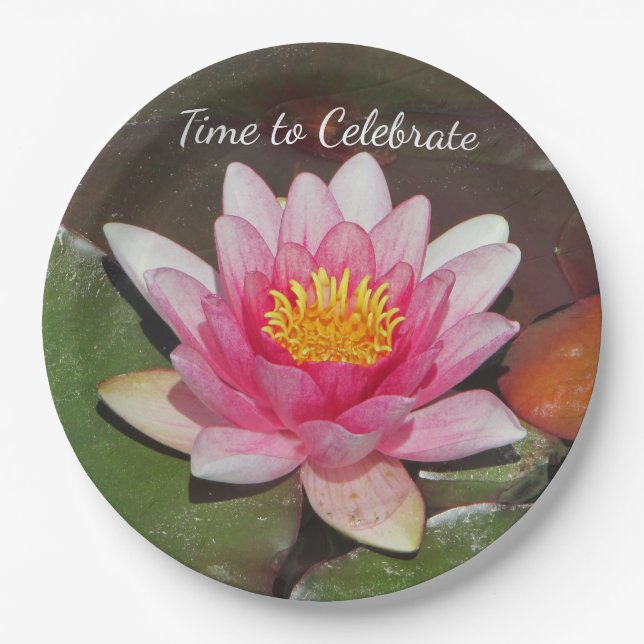 Time to Celebrate Pink Water Lily Photo Paper Plates (Front)