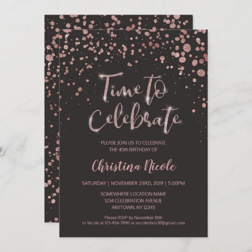 Time to celebrate Rose Gold Gray Simple Elegant Invitation