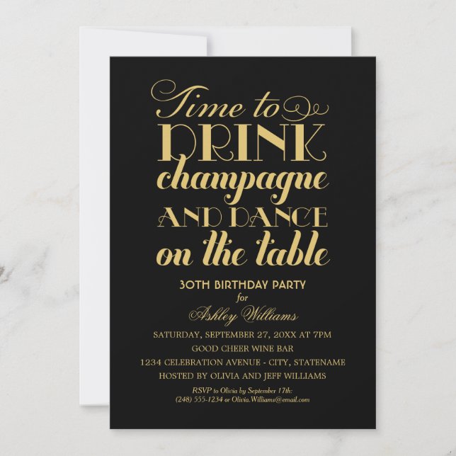 Time to Drink Champagne Black Gold Birthday Party Invitation (Front)