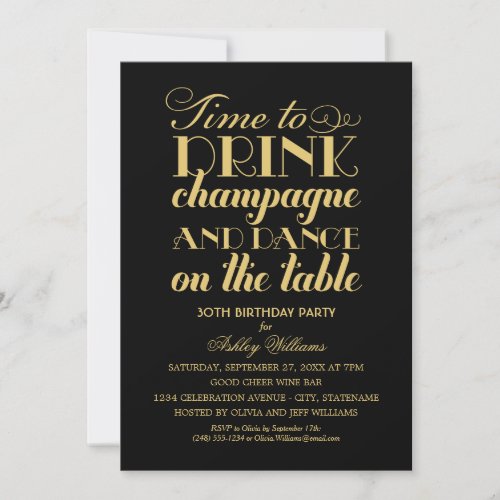 Time to Drink Champagne Black Gold Birthday Party Invitation