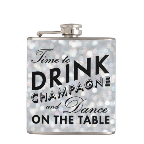 Time to Drink Champagne Sparkly Silver Flask