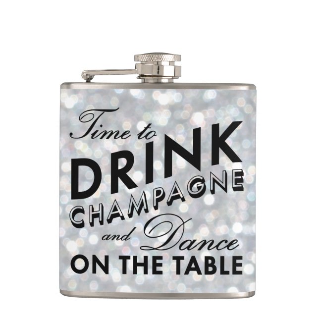 Time to Drink Champagne Sparkly Silver Flask (Front)