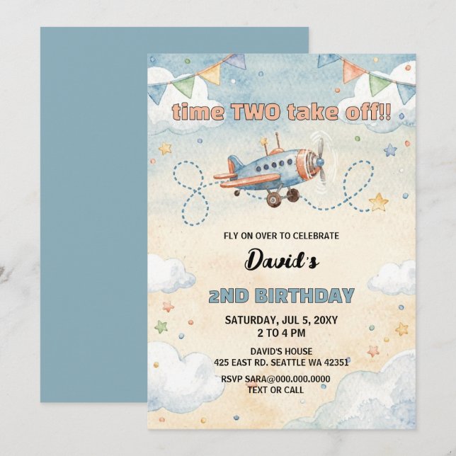 Time To Fly Airplane Birthday  Invitation (Front/Back)