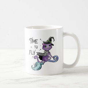 Time To Fly – Cute Purple Witch Cat Halloween Coffee Mug