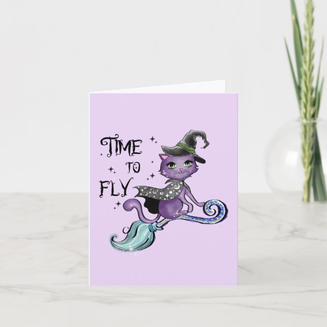 Time To Fly – Cute Purple Witch Cat Halloween Note Card (Front)