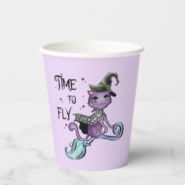 Time To Fly – Cute Purple Witch Cat Halloween Paper Cups (Front)