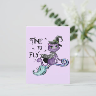 Time To Fly – Cute Purple Witch Cat Halloween Postcard