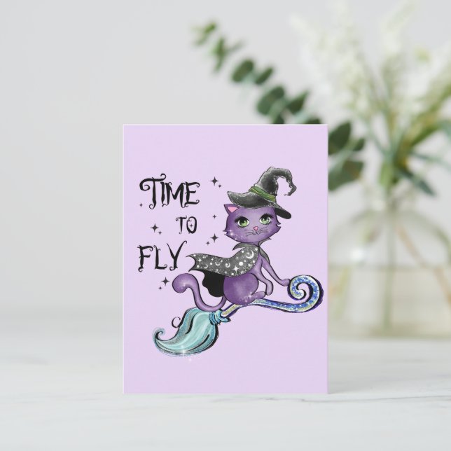 Time To Fly – Cute Purple Witch Cat Halloween Postcard (Standing Front)