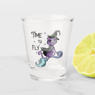 Time To Fly – Cute Purple Witch Cat Halloween Shot Glass