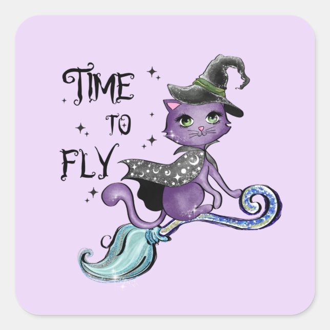 Time To Fly – Cute Purple Witch Cat Halloween Square Sticker (Front)