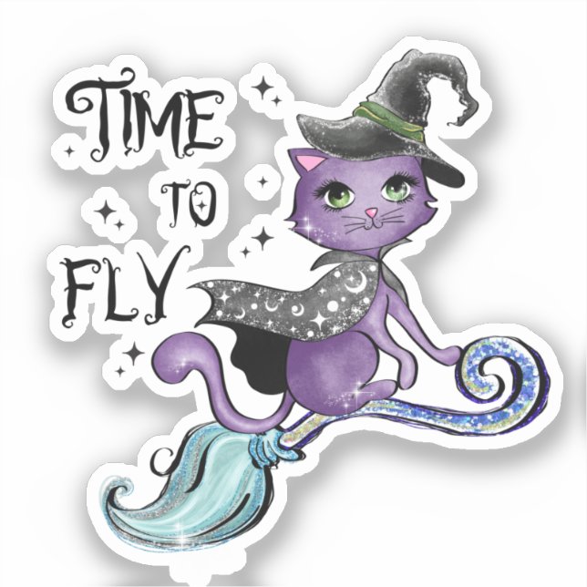 Time To Fly – Cute Purple Witch Cat Halloween Sticker (Front)