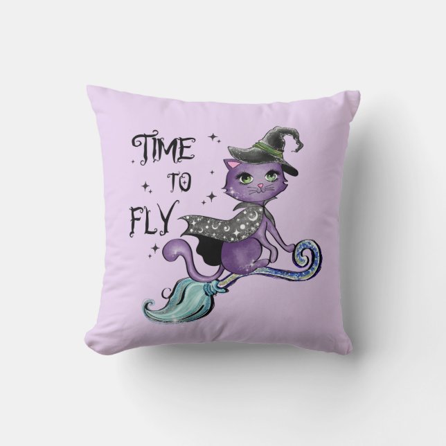 Time To Fly – Cute Purple Witch Cat Halloween Throw Pillow (Front)