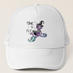 Time To Fly – Cute Purple Witch Cat Halloween Trucker Hat