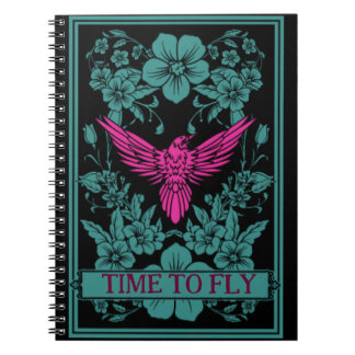 TIME TO FLY - Exotic pink bird/dusky blue flowers  Notebook