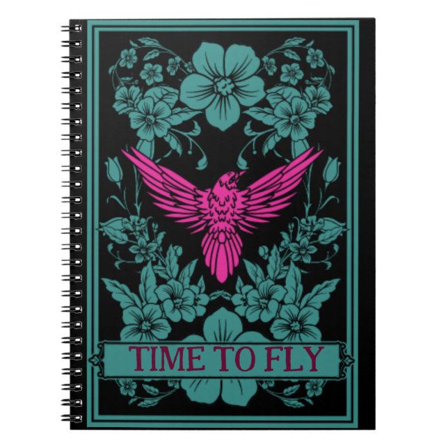 TIME TO FLY - Exotic pink bird/dusky blue flowers  Notebook (Front)