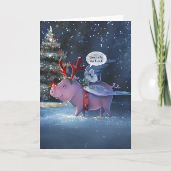 Time To Fly Unique Vintage Flying Pig Christmas Holiday Card by Raphaela_Wilson at Zazzle