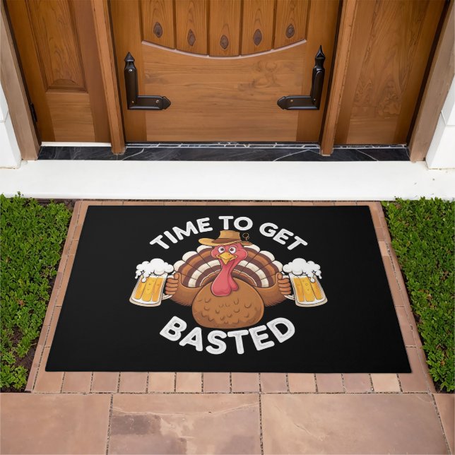 Time To Get Basted Funny Beer Thanksgiving Turkey  Doormat (Outdoor)