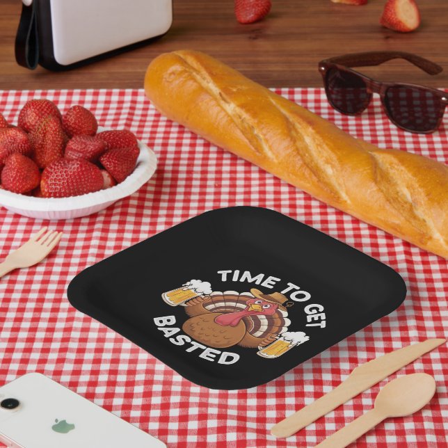 Time To Get Basted Funny Beer Thanksgiving Turkey  Paper Plates (Picnic)