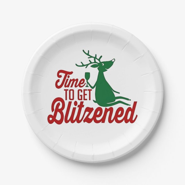 Time to Get Blitzened Christmas Reindeer  Paper Plates (Front)