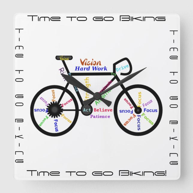 Time to go Biking, Bikes with Motivational Word Square Wall Clock (Front)