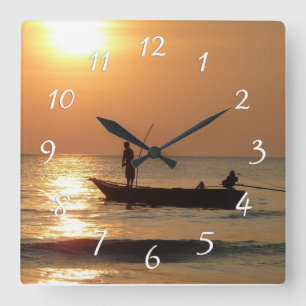 Time to go Fishing Clock Sunset Boat Photo