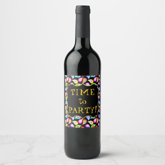 Time To Party! Colorful Flower Paisleys Wine Label (Front)