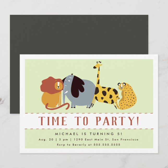 Time To Party! Cute Jungle Animals Kids Birthday Invitation (Front/Back)
