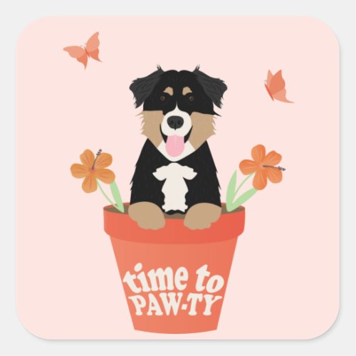 Time To Pawty Australian Shepherd Dog Square Sticker