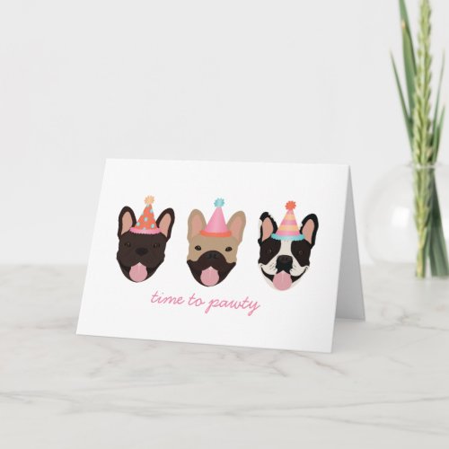 Time To Pawty French Bulldog Party Hats Pink Card