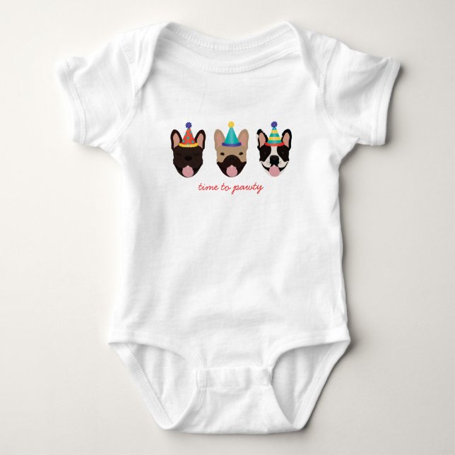 Time To Pawty French Bulldog Party Hats Red Baby Bodysuit (Front)
