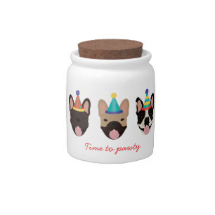 Time To Pawty French Bulldog Party Hats Red Candy Jar