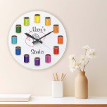 Time to Sew! Customize the text Large Clock<br><div class="desc">Time to check our colorful clock, decked out in a charming sewing theme with needle and thread, silver thimble, and vivid spools of thread, all in one stylish design. You can personalize it with your own text, making it truly one-of-a-kind. Hang it in your sewing nook or by your worktable....</div>