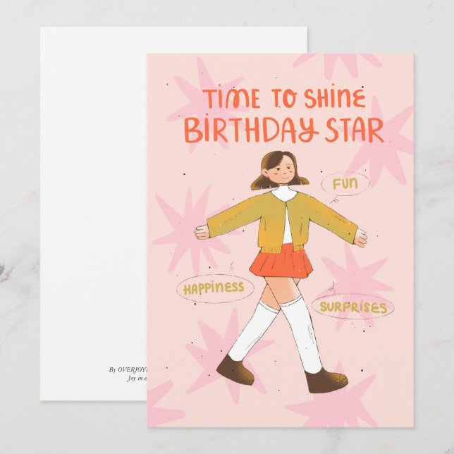 Time to shine birthday star, cute illustrated card (Front/Back)
