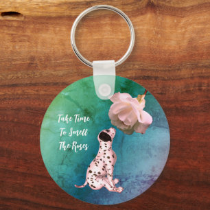 Time To Smell Roses Puppy Rose Inspirational Keychain