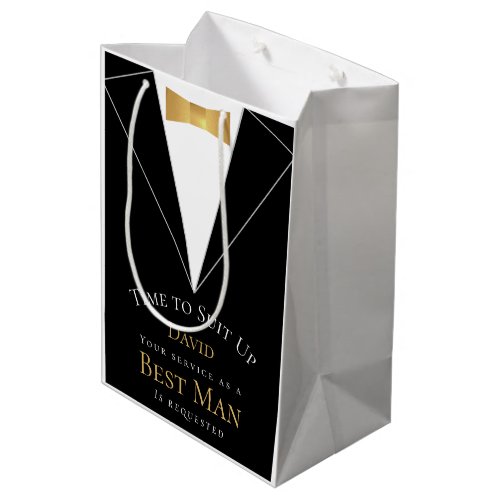 Time to Suit Up Best Man Proposal Faux Gold Black Medium Gift Bag