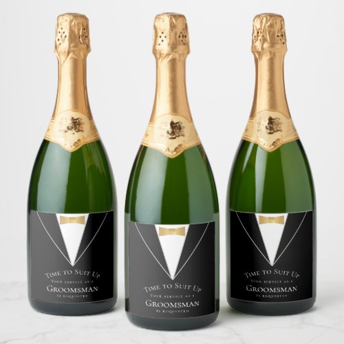 Time to Suit Up Black Faux Gold Groomsman Proposal Sparkling Wine Label