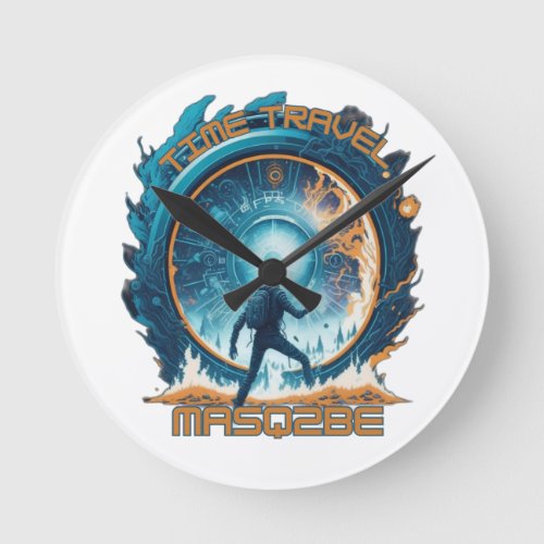 Time Travel Portal 01 in Orange and Turquoise Round Clock